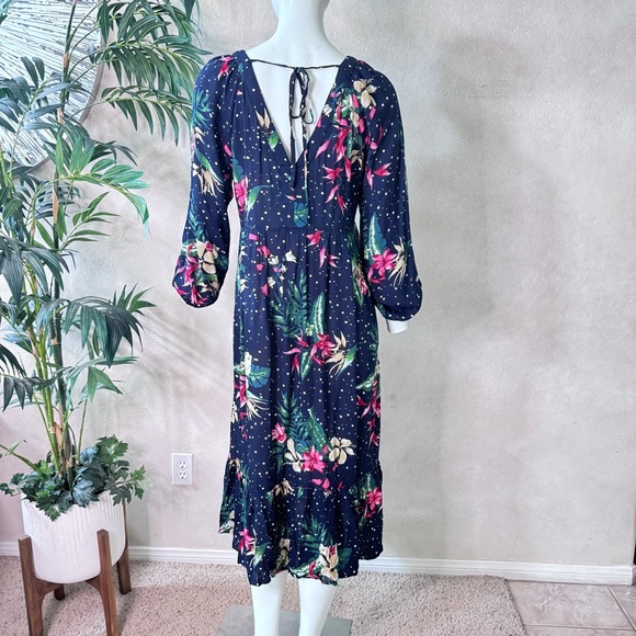 Suzanne Betro Navy Blue Floral Midi Dress Sz L - Picture 3 of 10